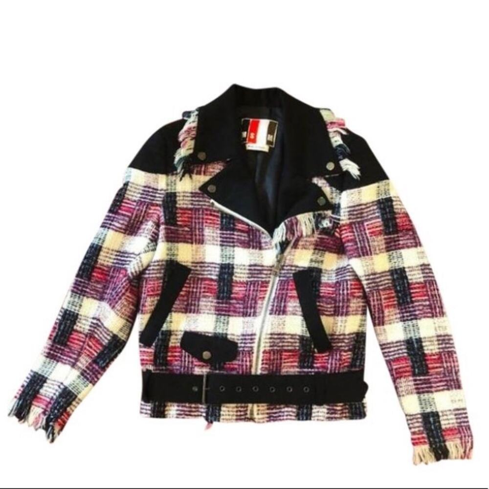 MSGM Plaid Moto Jacket Metallic Black Pink Purple